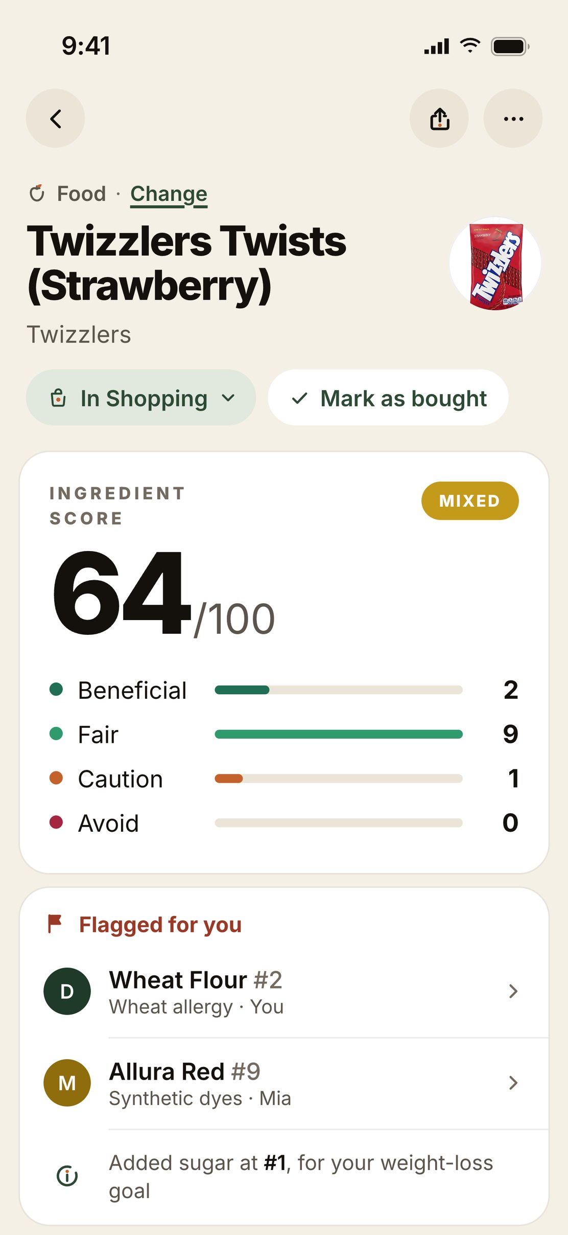 Sketchy Labels app result for Twizzlers Twists (Strawberry): ingredient score 64 out of 100, Mixed, with wheat flour flagged for a wheat allergy and Allura Red flagged for synthetic dyes
